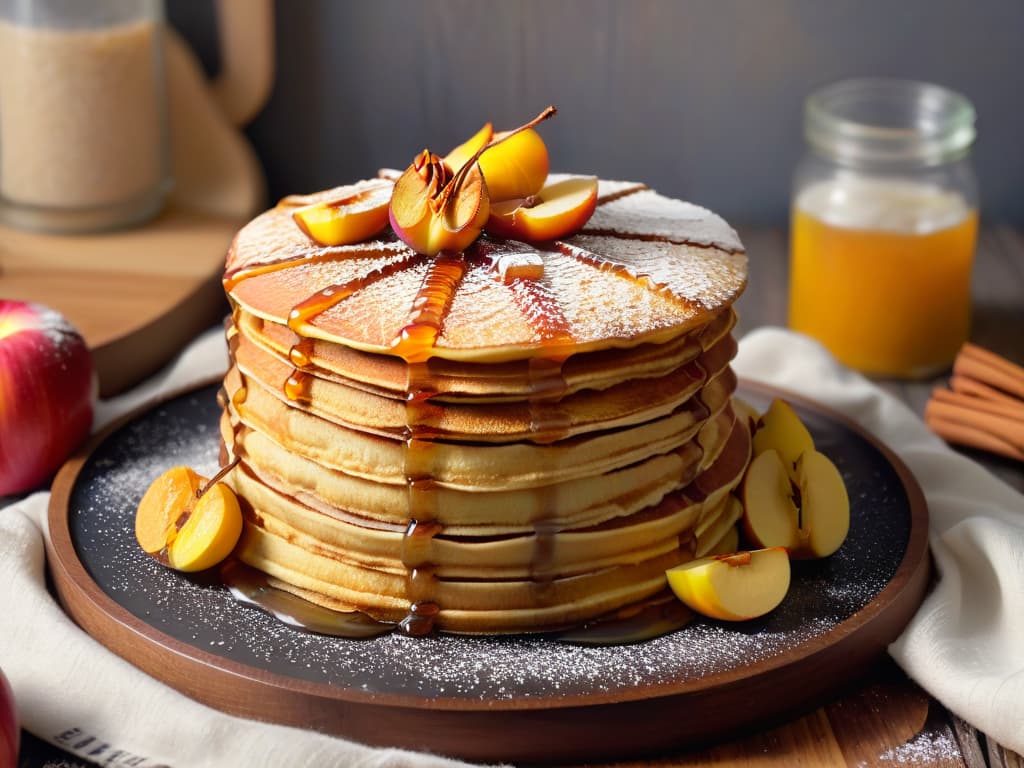  An ultradetailed image of a stack of freshly made oat and apple pancakes drizzled with honey, topped with slices of caramelized apples, a sprinkle of cinnamon, and a dusting of powdered sugar. The pancakes are placed on a rustic wooden plate, set against a backdrop of a cozy kitchen with morning sunlight streaming in, highlighting the texture of the oats and the glistening of the honey. hyperrealistic, full body, detailed clothing, highly detailed, cinematic lighting, stunningly beautiful, intricate, sharp focus, f/1. 8, 85mm, (centered image composition), (professionally color graded), ((bright soft diffused light)), volumetric fog, trending on instagram, trending on tumblr, HDR 4K, 8K