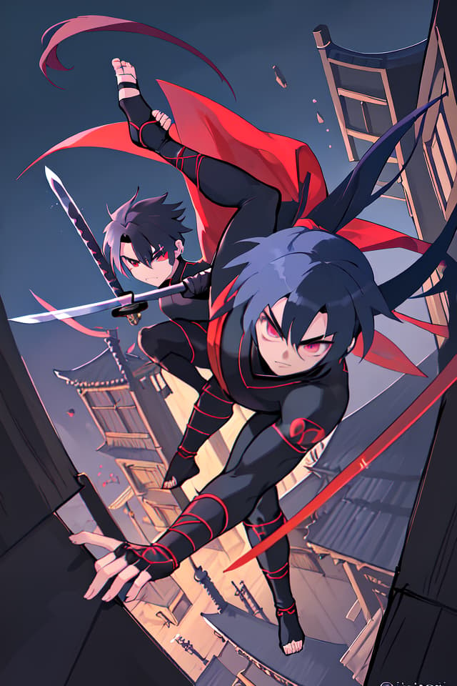  Ninja, acrobat, dynamism, high angle, ninja, beautiful boy, acrobatic, ninjutsu, sword, tense feeling, night, night, detail