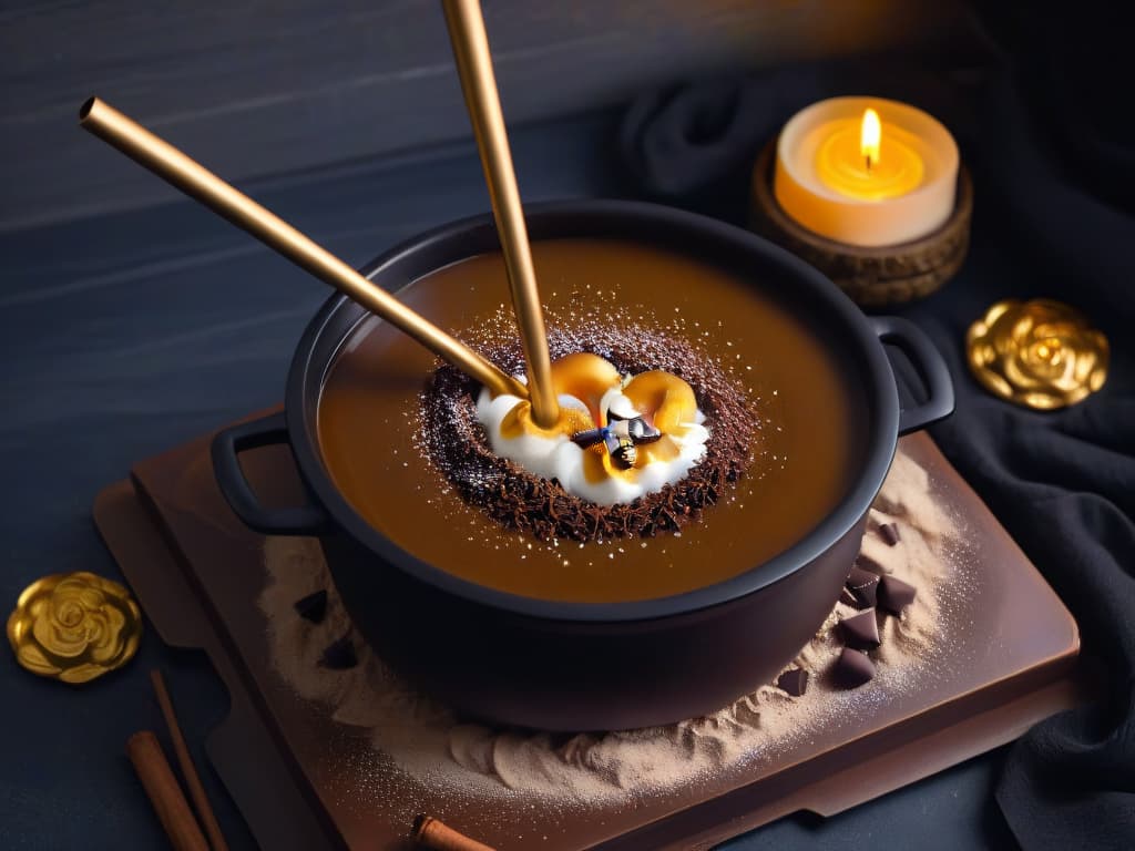  An intricate, minimalist illustration of a magic wand delicately swirling caramel over a cauldron filled with bubbling chocolate, surrounded by floating golden snitches and sparkling edible glitter, set against a sleek black background. hyperrealistic, full body, detailed clothing, highly detailed, cinematic lighting, stunningly beautiful, intricate, sharp focus, f/1. 8, 85mm, (centered image composition), (professionally color graded), ((bright soft diffused light)), volumetric fog, trending on instagram, trending on tumblr, HDR 4K, 8K