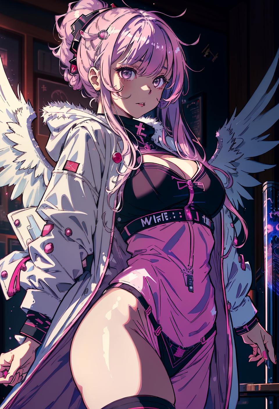  ((trending, highres, masterpiece, cinematic shot)), 1girl, young, female winter clothes, alchemist laboratory scene, long spiked pink hair, parted bangs, large grey eyes, naive personality, smug expression, wings, dark skin, lively, energetic