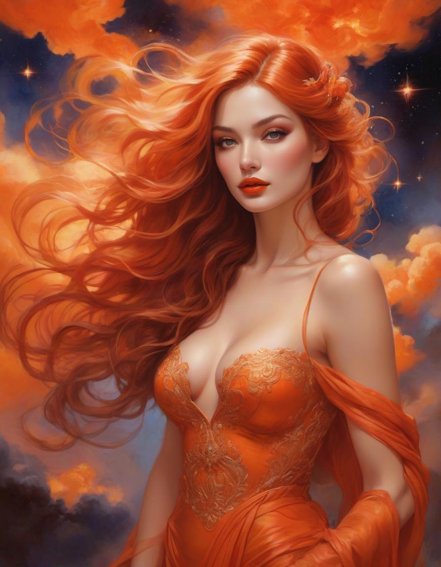  impressionist painting Gorgeous Goddess of fire, (floating on a fiery orange cloud); perfect hair, perfect full lips, Detailed perfect body, her body is all without blemish, stunning In A Milky Way Garden, background of flames, floating on clouds, Highly Stylized Features; (Full Body), Unsplash, Highly Detailed, Digital Painting, Intricately Detailed Eyes, Colourful, Ink Painting, Beautiful Watercolor Painting, Realistic, Detailed, Fine Art, Oil Painting, Finely Drawn Hands; By Artgerm, By Alphonse Mucha, By Ilya Kuvshinov, Painting By Olga Shvartsur, Svetlana Novikova . loose brushwork, vibrant color, light and shadow play, captures feeling over form hyperrealistic, full body, detailed clothing, highly detailed, cinematic lighting, stunningly beautiful, intricate, sharp focus, f/1. 8, 85mm, (centered image composition), (professionally color graded), ((bright soft diffused light)), volumetric fog, trending on instagram, trending on tumblr, HDR 4K, 8K