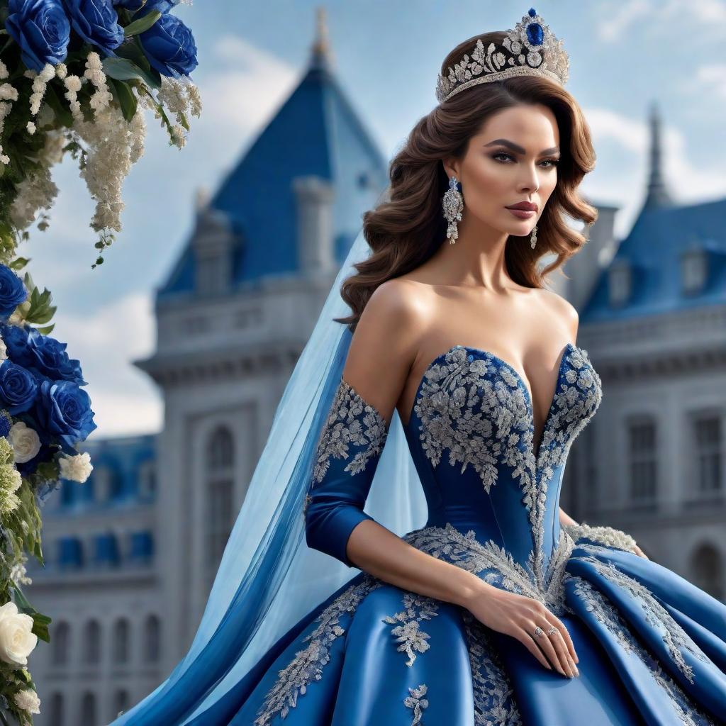  Create an image of an extravagant blue ballgown fit for a queen. The gown should feature an imposing long train, elegant beaded silk flowers, and be richly adorned with huge blue sapphires and diamonds, exuding supreme luxury and royal grandeur. hyperrealistic, full body, detailed clothing, highly detailed, cinematic lighting, stunningly beautiful, intricate, sharp focus, f/1. 8, 85mm, (centered image composition), (professionally color graded), ((bright soft diffused light)), volumetric fog, trending on instagram, trending on tumblr, HDR 4K, 8K