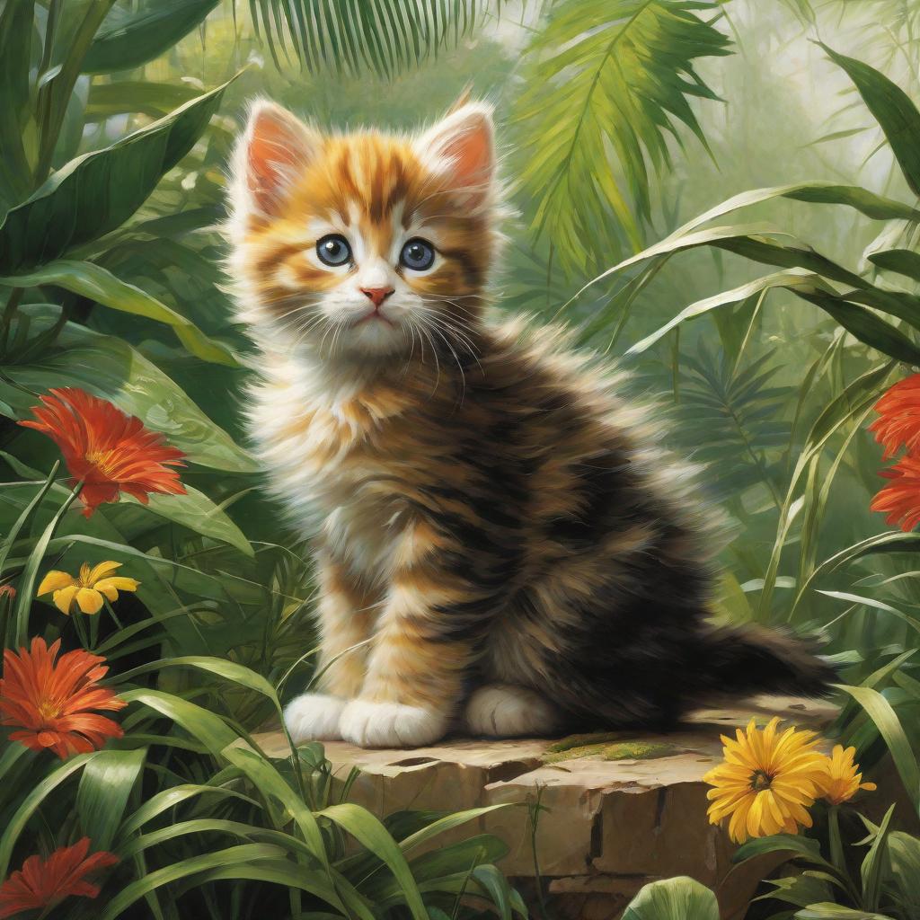  masterpiece, best quality,Kittens roaming the jungle