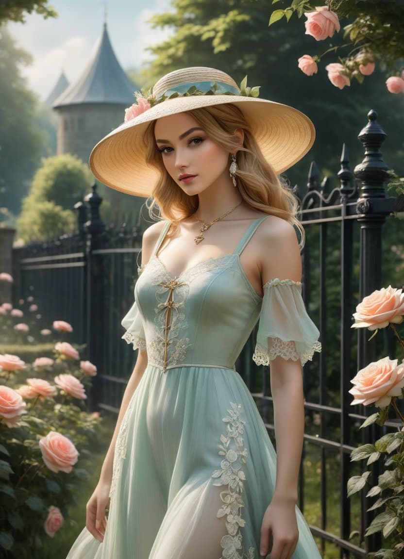  Legend of Zelda style Delicate English watercolour in pastel tones, on the background of English garden flowers powder roses in dew, among roses stands a lovely in a straw hat decorated with flowers and in a lush dress with lace, openwork wrought iron fence, octane, dew glistens and shimmers in the sun lumen, in the distance marble statue, aesthetic flowers,art botanical, organic biological,realistic . vint, fantasy, detailed, epic, heroic, reminiscent of The Legend of Zelda series hyperrealistic, full body, detailed clothing, highly detailed, cinematic lighting, stunningly beautiful, intricate, sharp focus, f/1. 8, 85mm, (centered image composition), (professionally color graded), ((bright soft diffused light)), volumetric fog, trending on instagram, trending on tumblr, HDR 4K, 8K