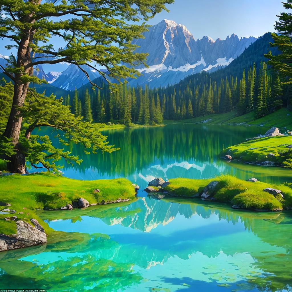  as a painting, Convey the serene majesty of towering mountains reflected in the crystal-clear waters of a tranquil alpine lake, using your unique artistic vision to evoke a sense of awe and tranquility.