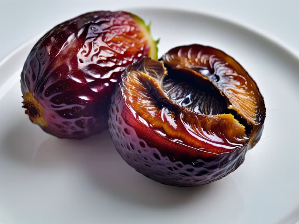  A closeup, ultradetailed image of a plump, juicy medjool date split open to reveal its caramelcolored flesh and glistening sticky texture, set against a pristine white background. The intricate details of the date's wrinkled skin, the moist interior, and the rich, natural sweetness oozing out are all captured with stunning clarity, making the viewer almost able to taste the luscious fruit just by looking at the image. hyperrealistic, full body, detailed clothing, highly detailed, cinematic lighting, stunningly beautiful, intricate, sharp focus, f/1. 8, 85mm, (centered image composition), (professionally color graded), ((bright soft diffused light)), volumetric fog, trending on instagram, trending on tumblr, HDR 4K, 8K