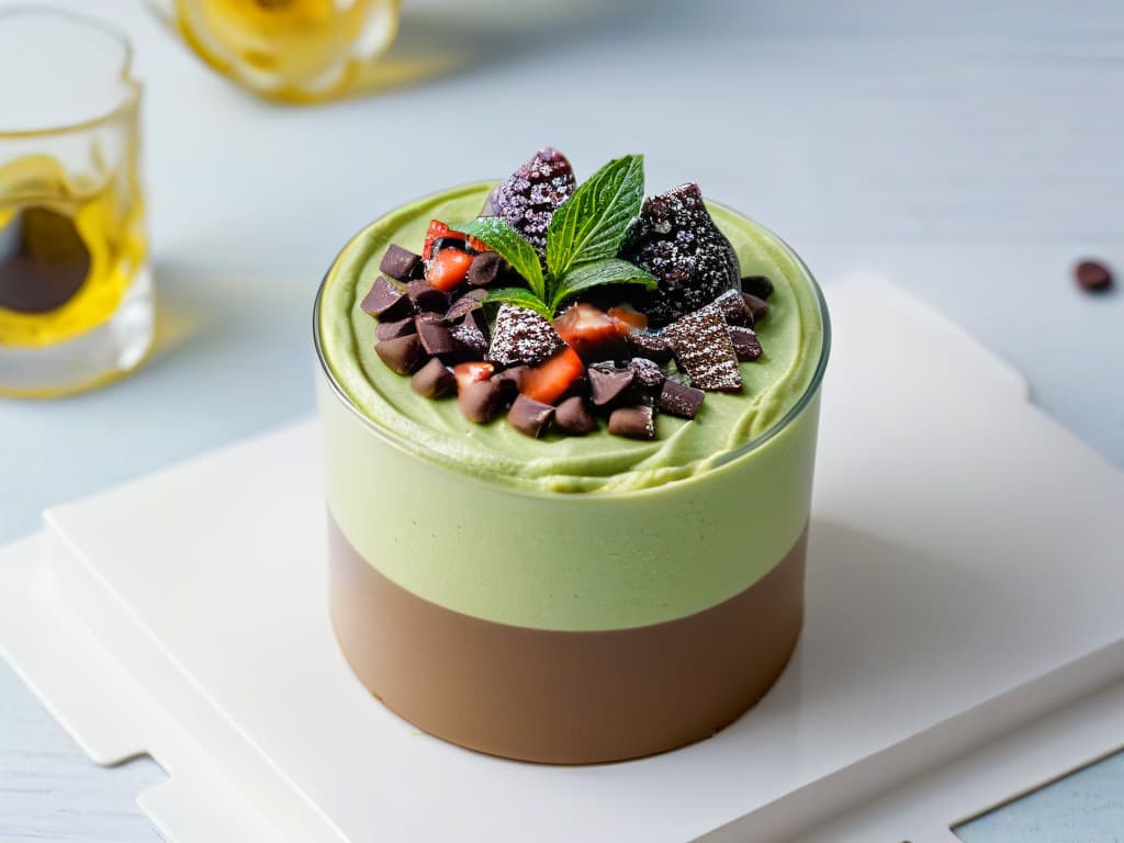  A luxurious, minimalistic image of a decadent chocolate avocado mousse presented in a sleek, highend glass dessert cup. The mousse is perfectly smooth and topped with a sprinkle of cacao nibs and a delicate mint leaf for a touch of elegance. The background is a soft, blurred out, neutraltoned setting to highlight the dessert's sophistication and highend quality. This image captures the essence of indulgence and healthfulness in a visually appealing and refined manner. hyperrealistic, full body, detailed clothing, highly detailed, cinematic lighting, stunningly beautiful, intricate, sharp focus, f/1. 8, 85mm, (centered image composition), (professionally color graded), ((bright soft diffused light)), volumetric fog, trending on instagram, trending on tumblr, HDR 4K, 8K