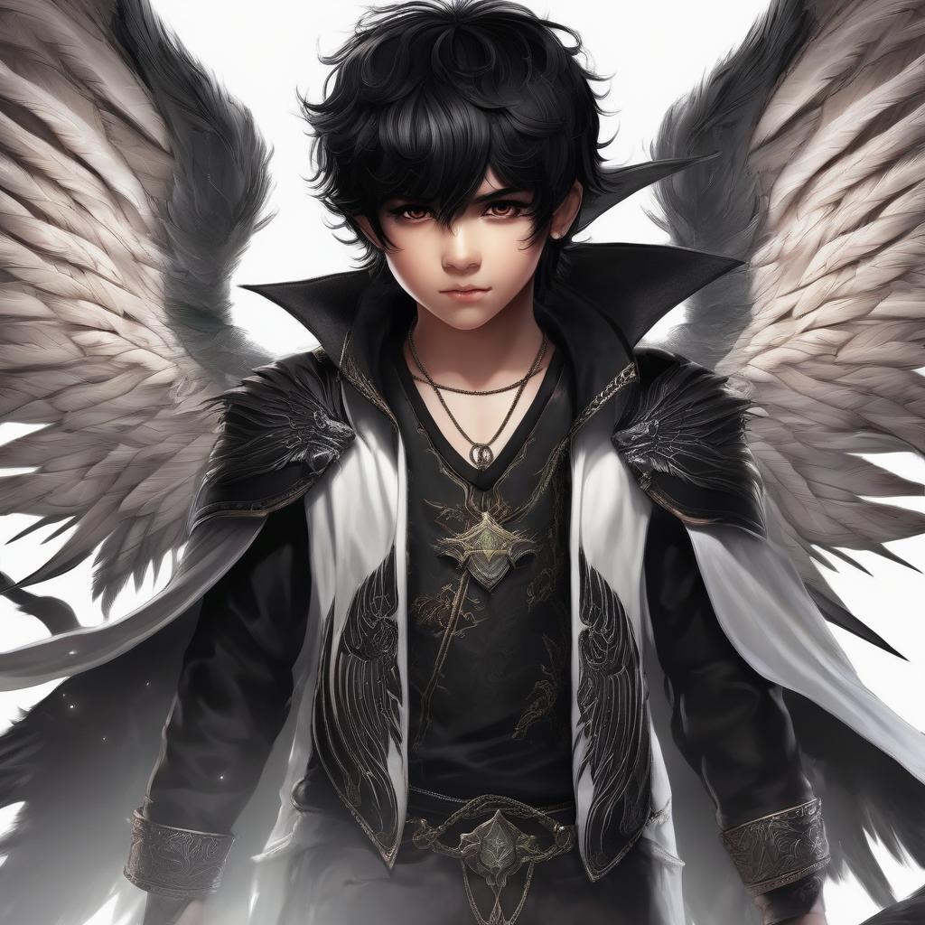  Boy, demon with black eyes and black hair, wings of demon, fantasy, magic.