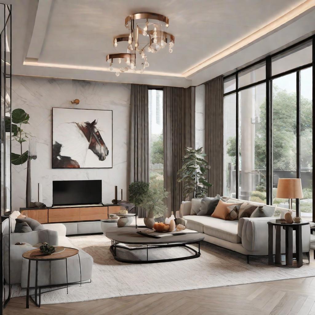  masterpiece, best quality, best quality, masterpiece, 8k resolution, high resolution apartment Living room concept art with floor-to-ceiling windows and modern furniture