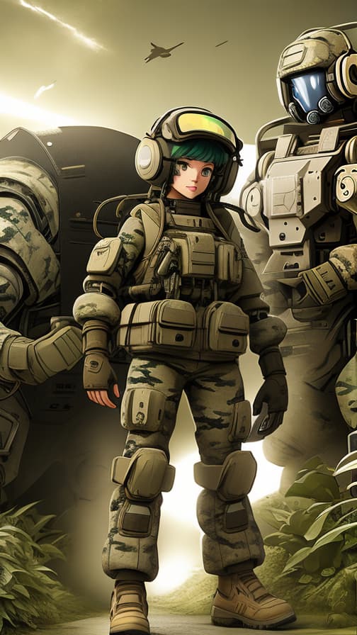  Two heads, camouflage, combat, machine gun, full body girl, robot.