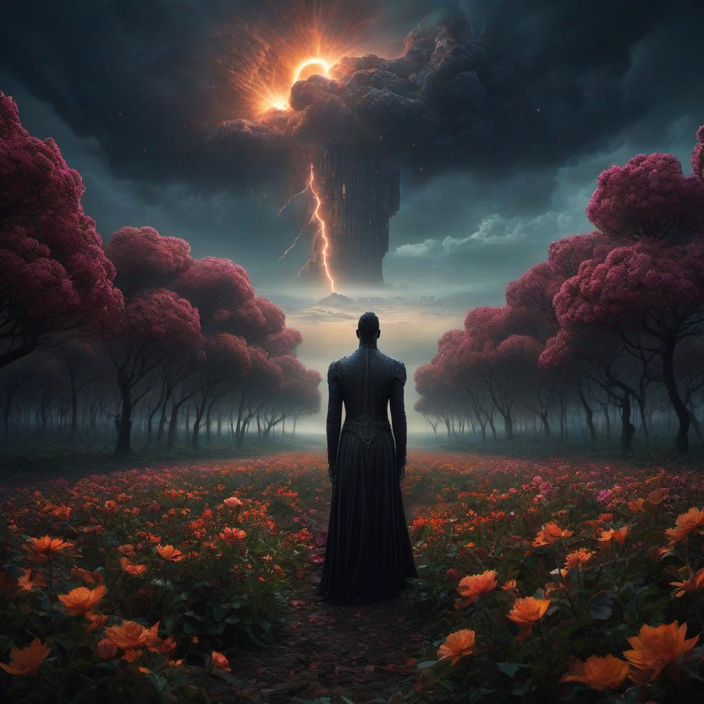  (stylized by Tomasz Alen Kopera:1.3) , dark art, dense flower field and Perseid meteor in background, landscape of a (Barcelona:1.2) , very Bizarre and 1600'S, Hurricane, Glitchcore, Amaro, layered textures, ornate, intricate artistic color, complimentary colors, very inspirational, atmosphere, fine artistic composition, sunny, theatrical hyperrealistic, full body, detailed clothing, highly detailed, cinematic lighting, stunningly beautiful, intricate, sharp focus, f/1. 8, 85mm, (centered image composition), (professionally color graded), ((bright soft diffused light)), volumetric fog, trending on instagram, trending on tumblr, HDR 4K, 8K