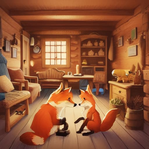  inside of cabin, a fox and a boy