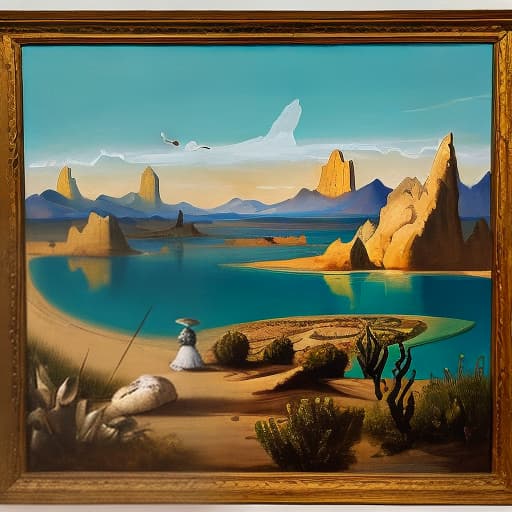  Dali landscape painting with elements of desert, sea, eagle, woman,