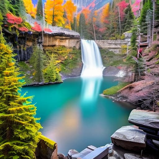 nvinkpunk lake with a waterfall dropping into it hyperrealistic, full body, detailed clothing, highly detailed, cinematic lighting, stunningly beautiful, intricate, sharp focus, f/1. 8, 85mm, (centered image composition), (professionally color graded), ((bright soft diffused light)), volumetric fog, trending on instagram, trending on tumblr, HDR 4K, 8K