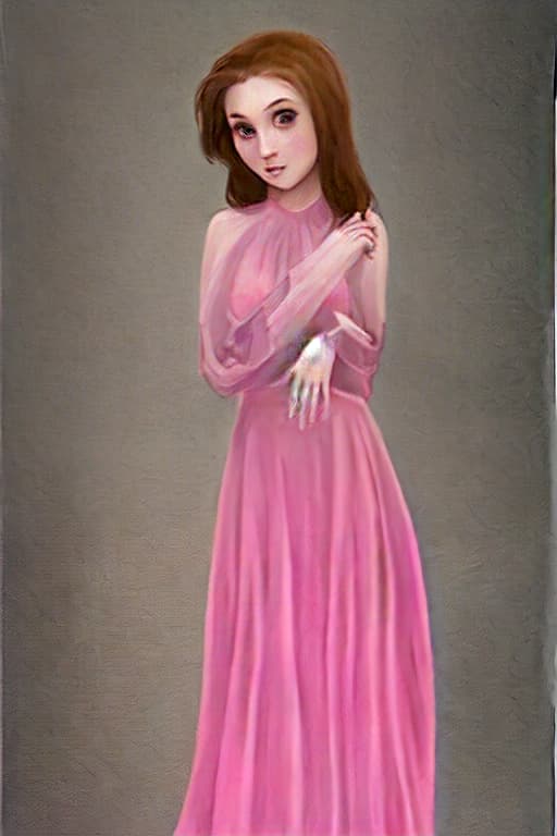  Full portrait of a beautiful woman with brown hair in blank and pink long dress