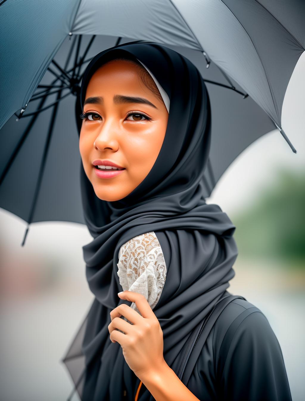  Portrait of a little girl wearing a hijab, crying in the rain at night, Shedding tears, while riding a motor scooter, (high detailed skin:1.2), 8k uhd, dslr, soft lighting, high quality, film grain, Fujifilm XT3 hyperrealistic, full body, detailed clothing, highly detailed, cinematic lighting, stunningly beautiful, intricate, sharp focus, f/1. 8, 85mm, (centered image composition), (professionally color graded), ((bright soft diffused light)), volumetric fog, trending on instagram, trending on tumblr, HDR 4K, 8K