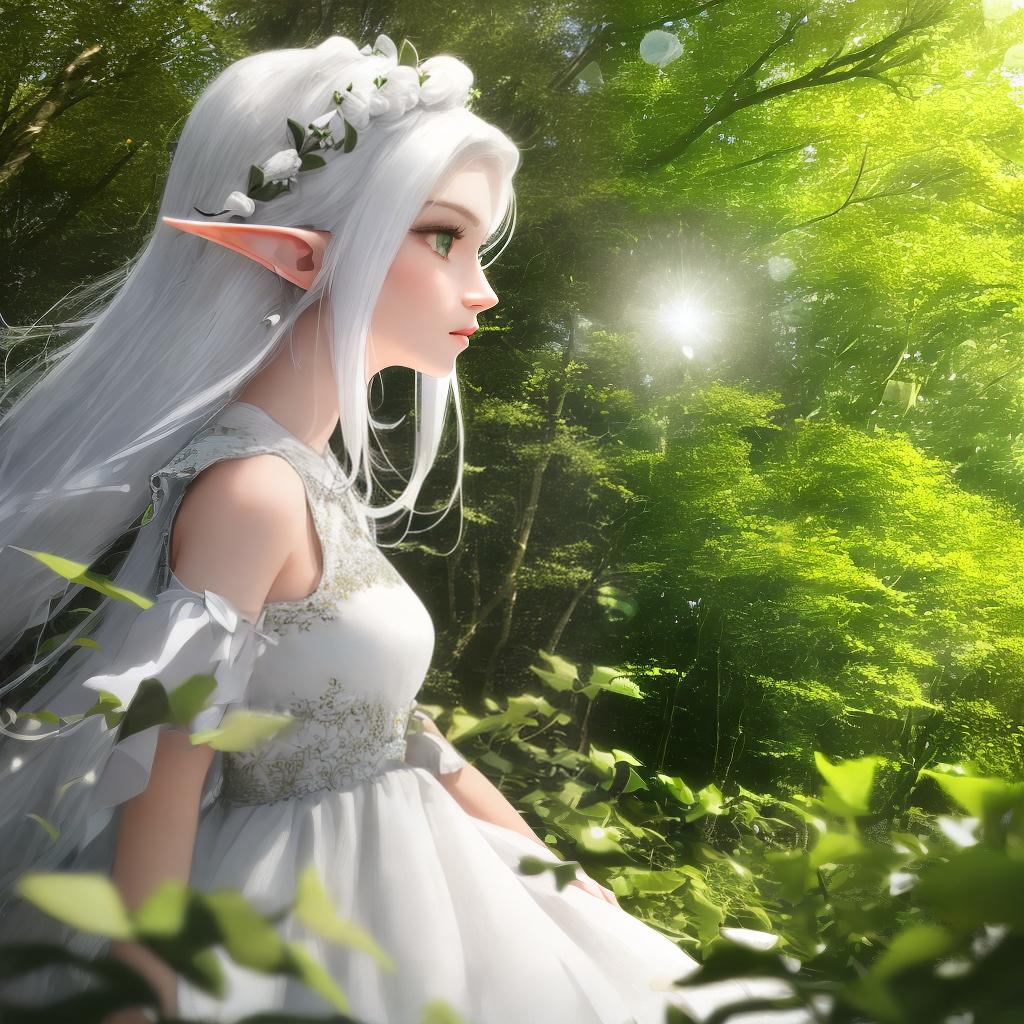  masterpiece, best quality,(Masterpiece, Best quality, High quality, High level, Ultra detailed), Realism, 1 , Bigger,(side id: 1.1), long hair,((white hair)), leaf hair accessory, elf, green eyes, pale skin, bare shoulders, jewelry, white dress,(separated sleeves: 1.1), celet,(look away: 1.2),(hair floating: 1.3), from the side,(in forest: 1.3),(lens flare from right: 1.2)