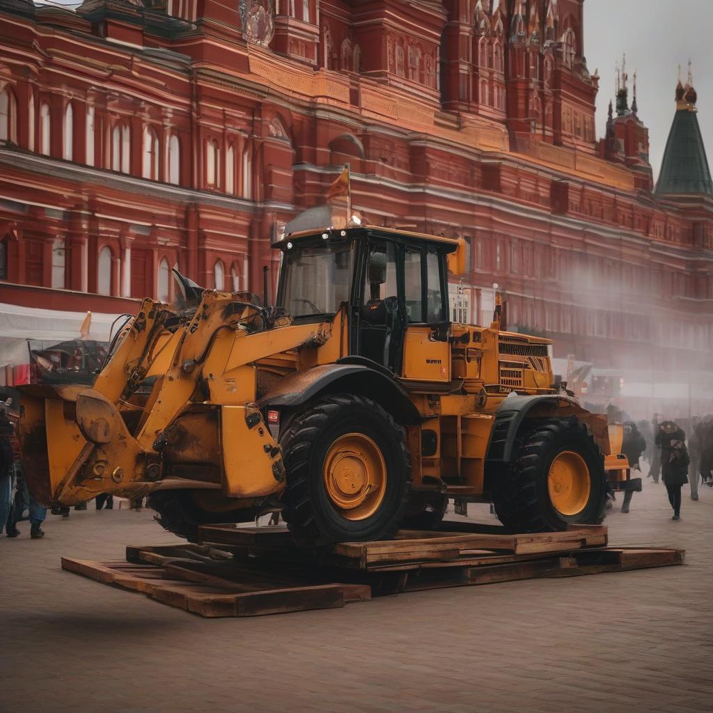  construction equipment at an exhibition in the city center on Red Square in Moscow hyperrealistic, full body, detailed clothing, highly detailed, cinematic lighting, stunningly beautiful, intricate, sharp focus, f/1. 8, 85mm, (centered image composition), (professionally color graded), ((bright soft diffused light)), volumetric fog, trending on instagram, trending on tumblr, HDR 4K, 8K