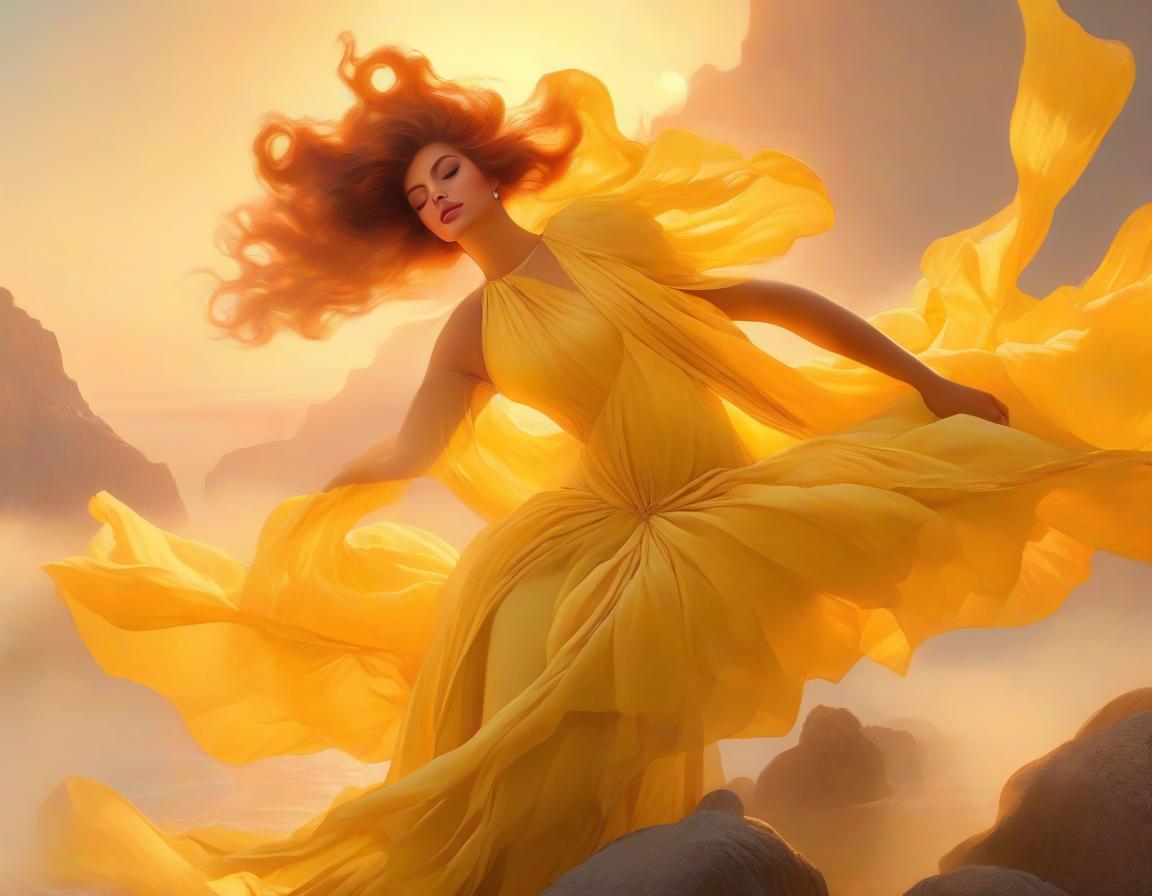  Art Deco style A painting of a woman in a flowing yellow dress reclining on rocks with a sunset over a body of water in the background. . geometric shapes, bold colors, luxurious, elegant, decorative, symmetrical, ornate, detailed hyperrealistic, full body, detailed clothing, highly detailed, cinematic lighting, stunningly beautiful, intricate, sharp focus, f/1. 8, 85mm, (centered image composition), (professionally color graded), ((bright soft diffused light)), volumetric fog, trending on instagram, trending on tumblr, HDR 4K, 8K