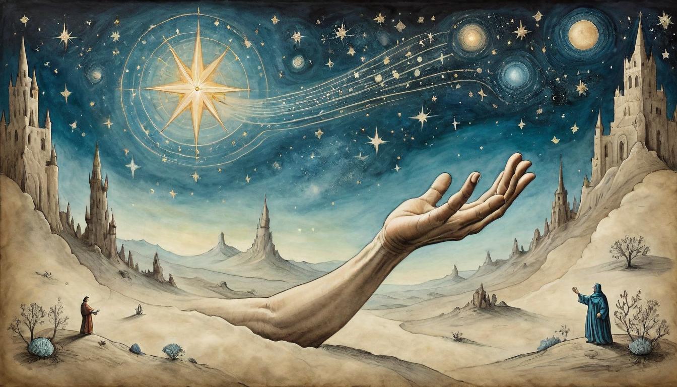  on parchment, surrealism+++, In the vast expanse of the cosmos, a hand reaches out towards a distant star, symbolizing the endless pursuit of creativity beyond boundaries. Hand reaching towards a star, cosmos vast and unending, pursuit of the infinite, creativity without limits, transcendence of boundaries.(mysterious, provocative, symbolic,muted color)+++