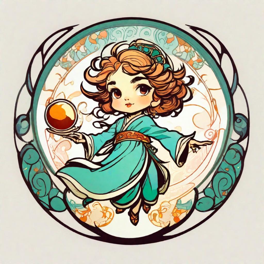  1 girl, tiny, chibi, colored,  inked retro comic, pop surrealism, white background, ((solo, centered)), full body, dynamic pose, perfectly hand drawn by alphonse mucha,