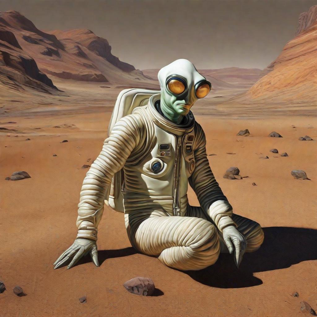  An Alien on Mars, scenary, landscapes, high quality high detail painting by lucian freud, hd, photorealistic lighting, style of van gogh hyperrealistic, full body, detailed clothing, highly detailed, cinematic lighting, stunningly beautiful, intricate, sharp focus, f/1. 8, 85mm, (centered image composition), (professionally color graded), ((bright soft diffused light)), volumetric fog, trending on instagram, trending on tumblr, HDR 4K, 8K