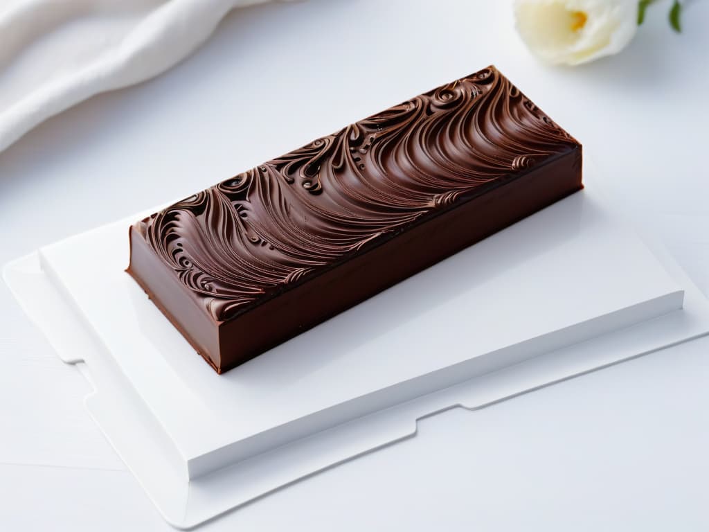  A closeup, ultradetailed image of a shiny, perfectly tempered chocolate bar with intricate swirls and delicate decorations on top, set against a sleek, minimalist white background. The chocolate's surface reflects the light, showcasing a mirrorlike finish that highlights its glossy texture and professional craftsmanship. hyperrealistic, full body, detailed clothing, highly detailed, cinematic lighting, stunningly beautiful, intricate, sharp focus, f/1. 8, 85mm, (centered image composition), (professionally color graded), ((bright soft diffused light)), volumetric fog, trending on instagram, trending on tumblr, HDR 4K, 8K