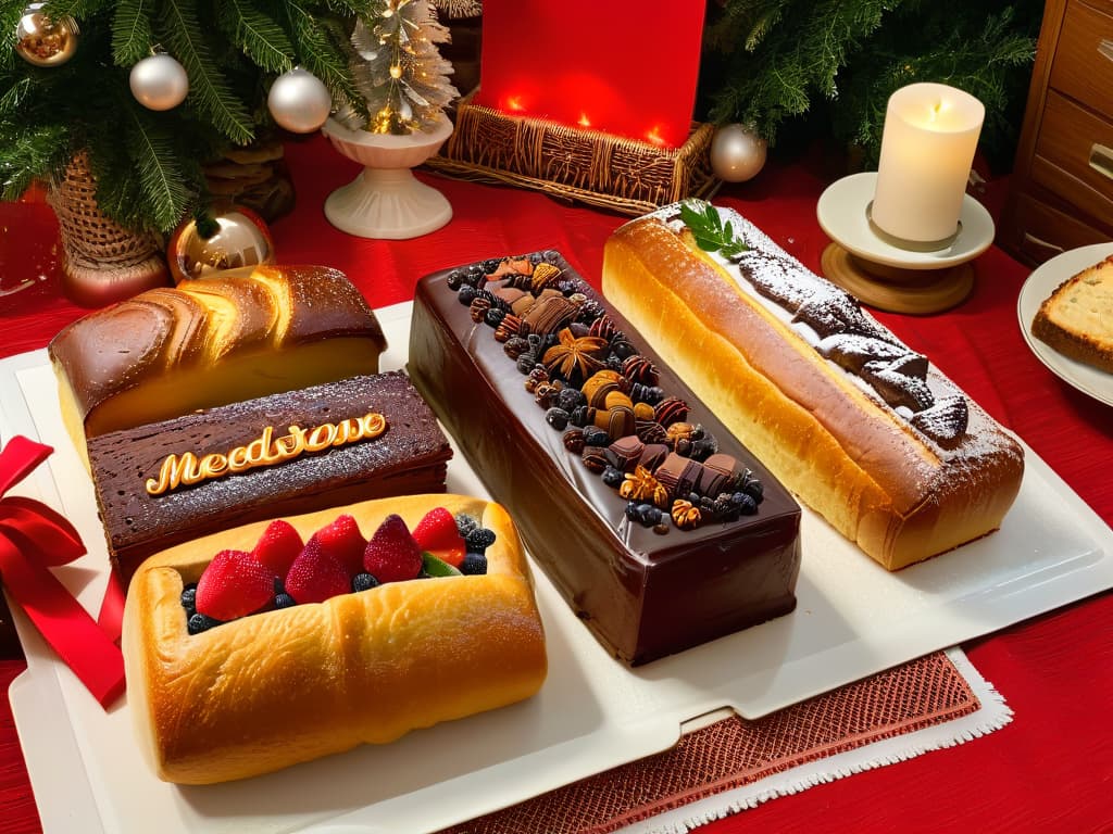  A photorealistic image of a long dining table elegantly set for a festive Christmas dinner featuring a variety of traditional holiday desserts from around the world. The table is adorned with colorful decorations, twinkling lights, and festive centerpieces. On the table, there are decadent treats such as Italian panettone, German stollen, French Yule log, Mexican buñuelos, and English Christmas pudding, beautifully presented on festive platters and cake stands. The background shows a cozy and inviting holiday atmosphere, with a crackling fireplace, twinkling Christmas tree, and softly glowing candles adding warmth and cheer to the scene. hyperrealistic, full body, detailed clothing, highly detailed, cinematic lighting, stunningly beautiful, intricate, sharp focus, f/1. 8, 85mm, (centered image composition), (professionally color graded), ((bright soft diffused light)), volumetric fog, trending on instagram, trending on tumblr, HDR 4K, 8K