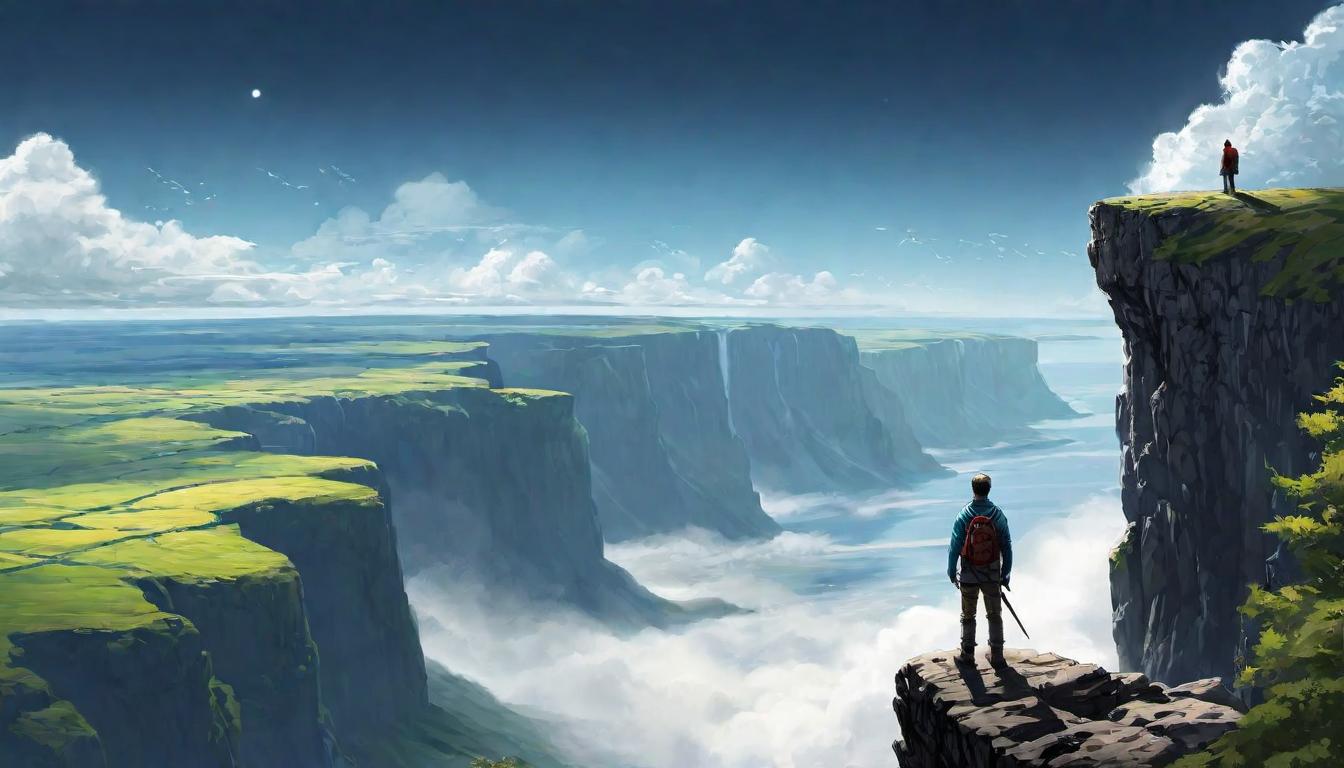  digital illustration, A figure standing at the edge of a cliff, looking towards a horizon where earth meets sky, embodiment of personal growth and commitment, dedication, horizons of possibility, contemplative, steadfast, looking at viewer, dynamic pose, (intricate details, masterpiece, best quality)