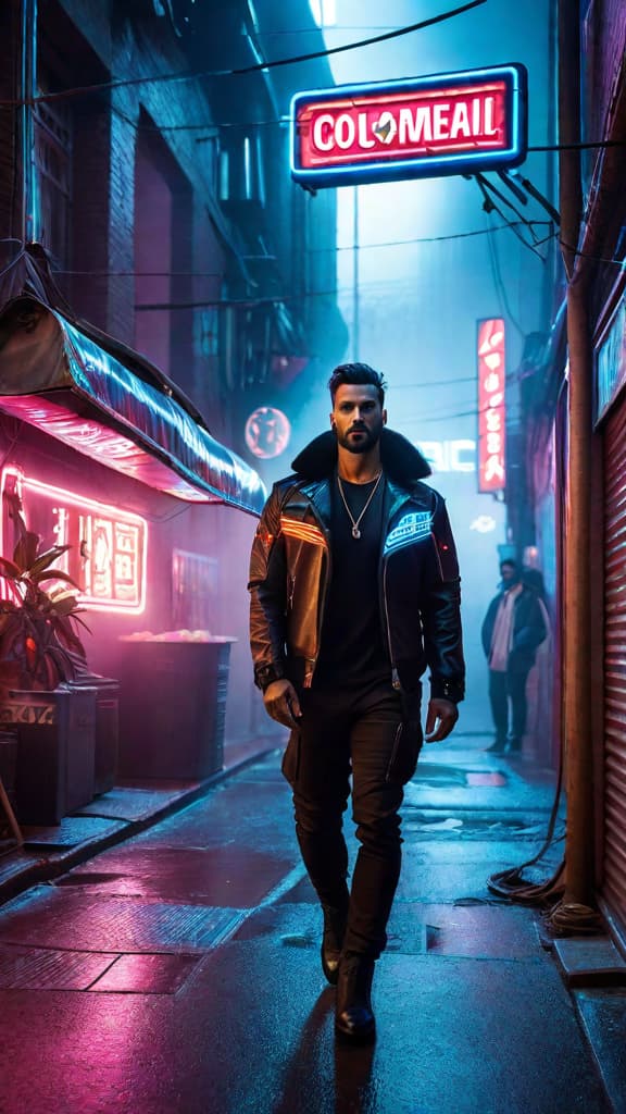  A cyberpunk alleyway filled with neon signs and holographic advertisements. hyperrealistic, full body, detailed clothing, highly detailed, cinematic lighting, stunningly beautiful, intricate, sharp focus, f/1. 8, 85mm, (centered image composition), (professionally color graded), ((bright soft diffused light)), volumetric fog, trending on instagram, trending on tumblr, HDR 4K, 8K