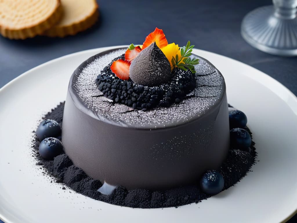  An 8k ultradetailed image of a delicate and elegant black lava salt sprinkled artfully on a vibrant and colorful tropical dessert, creating a striking contrast that highlights the exotic beauty and unique flavor profile of Hawaiian black salt. The dessert is presented on a sleek, modern white plate against a dark background, emphasizing the visual impact and sophistication of incorporating exotic salts like the Hawaiian black salt into pastry creations. hyperrealistic, full body, detailed clothing, highly detailed, cinematic lighting, stunningly beautiful, intricate, sharp focus, f/1. 8, 85mm, (centered image composition), (professionally color graded), ((bright soft diffused light)), volumetric fog, trending on instagram, trending on tumblr, HDR 4K, 8K