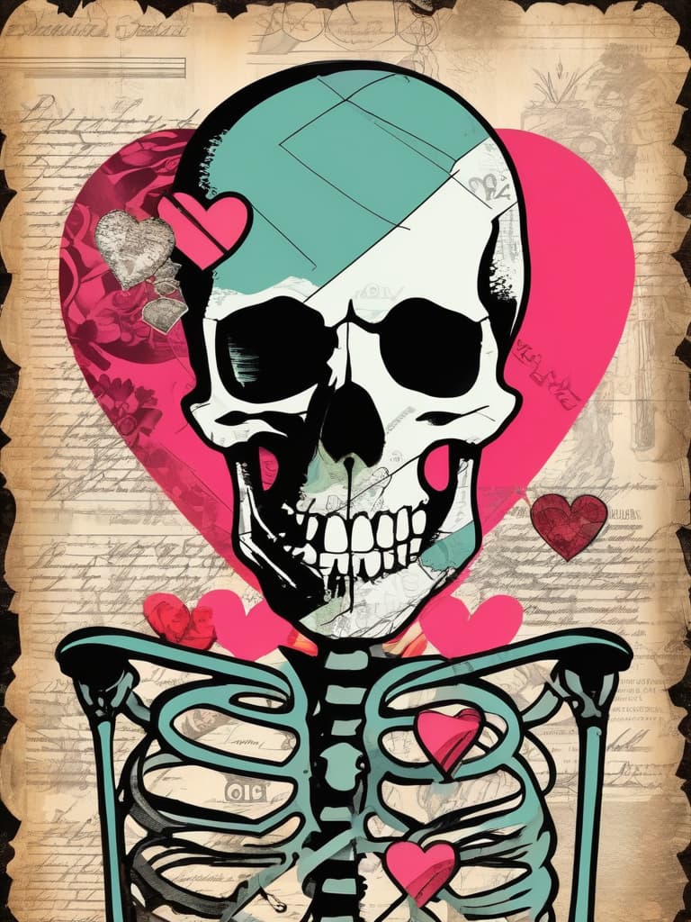  collage style skeleton. skull. heart. valentine's day . mixed media, layered, textural, detailed, artistic