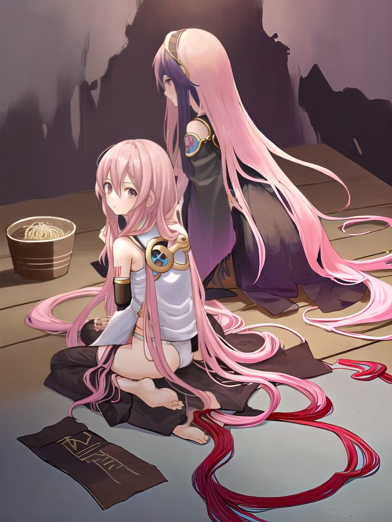  From behind, Megurine Luka stands on his knees, bows, and puts his forehead on the floor, bound by noodles, visible from the side through his underwear.