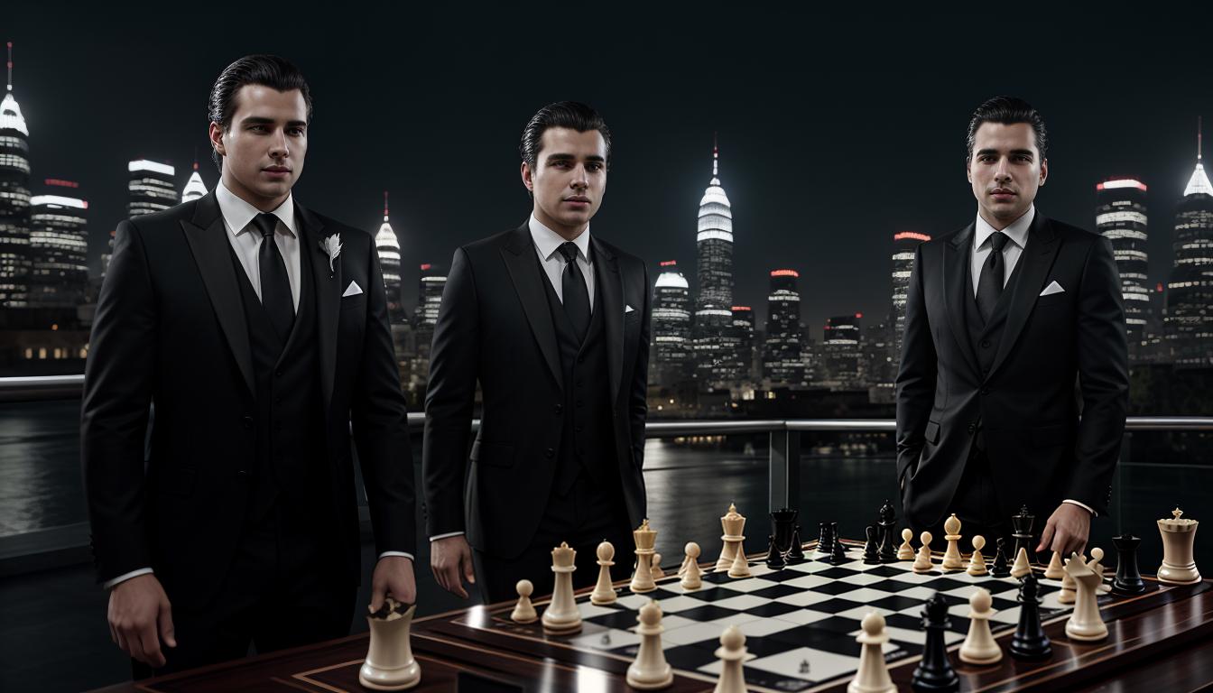  cinematic, aesthetic, A chessboard with pieces resembling people in suits, the central figure shining brighter, radiating kindness, strategic placement, background indicating power dynamics, thoughtful and deliberate mood, 4k, HDR, lens flare