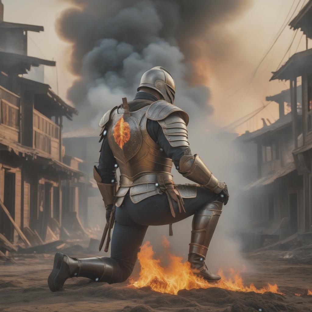  A man on his knees, facing backward, has armor on him, blood and dirt cover it. In the background, a wooden city is on fire, smoke and fire rise towards the sky. hyperrealistic, full body, detailed clothing, highly detailed, cinematic lighting, stunningly beautiful, intricate, sharp focus, f/1. 8, 85mm, (centered image composition), (professionally color graded), ((bright soft diffused light)), volumetric fog, trending on instagram, trending on tumblr, HDR 4K, 8K