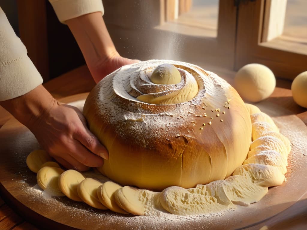  An ultradetailed closeup image of a rustic wooden table sprinkled with flour, featuring a pair of hands expertly kneading a ball of dough, with subtle sunlight streaming through a nearby window casting soft shadows on the textured surface. The hands are skillfully shaping the dough into a perfect round loaf, showcasing the intricate process of breadmaking with a focus on the tactile and sensory experience of working with masa madre. hyperrealistic, full body, detailed clothing, highly detailed, cinematic lighting, stunningly beautiful, intricate, sharp focus, f/1. 8, 85mm, (centered image composition), (professionally color graded), ((bright soft diffused light)), volumetric fog, trending on instagram, trending on tumblr, HDR 4K, 8K