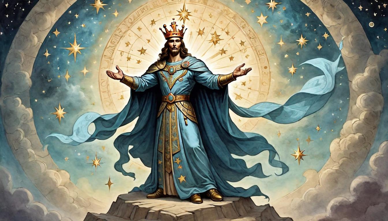  on parchment, surrealism+++, A celestial sovereign, crowned with stars, standing with powerful presence, arms outstretched, surrounded by radiant light, authoritative, inspirational(mysterious, provocative, symbolic,muted color)+++