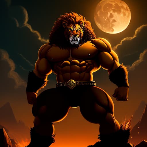  (The Lion of Hell, mythological Lion, full body, in Marvel style cartoon,An imposing mixture of 2 creatures (lion and hyena) Gigachad, he is black and auburn tabby, large teeth, in the savannah of Hell, glaucous and dark savannah, the moon illuminates the savannah, he is angry, muscular, imposing,)