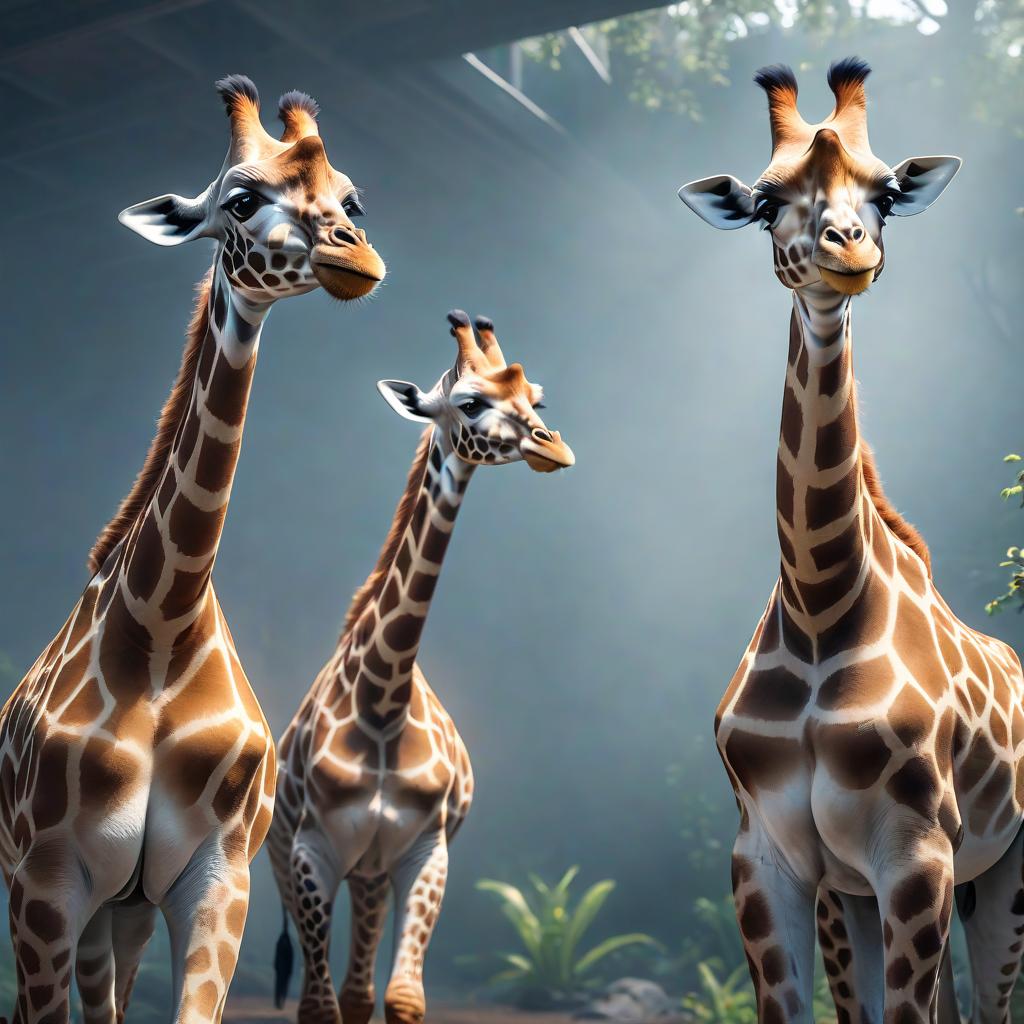  Three cartoonish giraffes hyperrealistic, full body, detailed clothing, highly detailed, cinematic lighting, stunningly beautiful, intricate, sharp focus, f/1. 8, 85mm, (centered image composition), (professionally color graded), ((bright soft diffused light)), volumetric fog, trending on instagram, trending on tumblr, HDR 4K, 8K