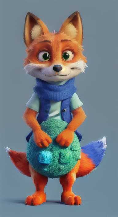  {Error the fox pressing the blue button with his paw, looking puzzled as nothing occurs., Error is a small, bright orange fox with a fluffy tail and big, inquisitive eyes. He has a mischievous yet kind expression and wears a tiny green scarf.