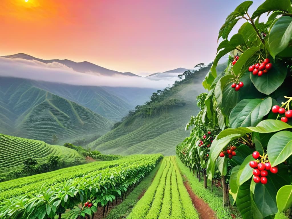  An ultradetailed image of a serene coffee farm at sunrise, showcasing rows of lush green coffee plants with vibrant red coffee cherries ready for harvest, set against a backdrop of misty mountains and a colorful sky painted with hues of pink, orange, and purple. The image exudes a sense of tranquility and highlights the beauty of sustainable agriculture practices in cultivating fair trade ingredients. hyperrealistic, full body, detailed clothing, highly detailed, cinematic lighting, stunningly beautiful, intricate, sharp focus, f/1. 8, 85mm, (centered image composition), (professionally color graded), ((bright soft diffused light)), volumetric fog, trending on instagram, trending on tumblr, HDR 4K, 8K