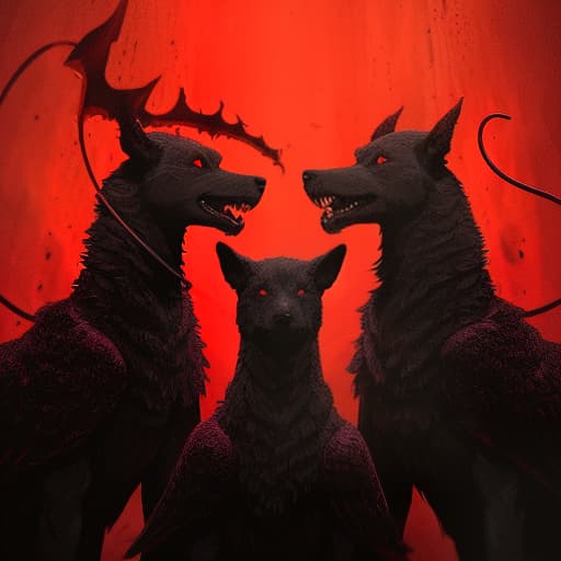  3 heads instead of 1 on one body, 3 heads merged next to each other on one hell hound named Ceberus, demon with wings and horns were fighting in the hall of hell. Demon dog with three heads each with its own personality, A red light and dark atmosphere filled the scene, depicted in the style of Gustave Dore. A red background and color scheme were used, with detailed details and high quality at the highest resolution. --ar 51:64 --v 5.2, 3 heads instead of on one on one body, , high quality, highly detailed, intricate, (centered image composition), 4K, 8K