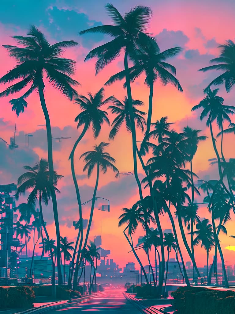 nvinkpunk a pinkish orange sunset and a blue ocean with palm trees hyperrealistic, full body, detailed clothing, highly detailed, cinematic lighting, stunningly beautiful, intricate, sharp focus, f/1. 8, 85mm, (centered image composition), (professionally color graded), ((bright soft diffused light)), volumetric fog, trending on instagram, trending on tumblr, HDR 4K, 8K