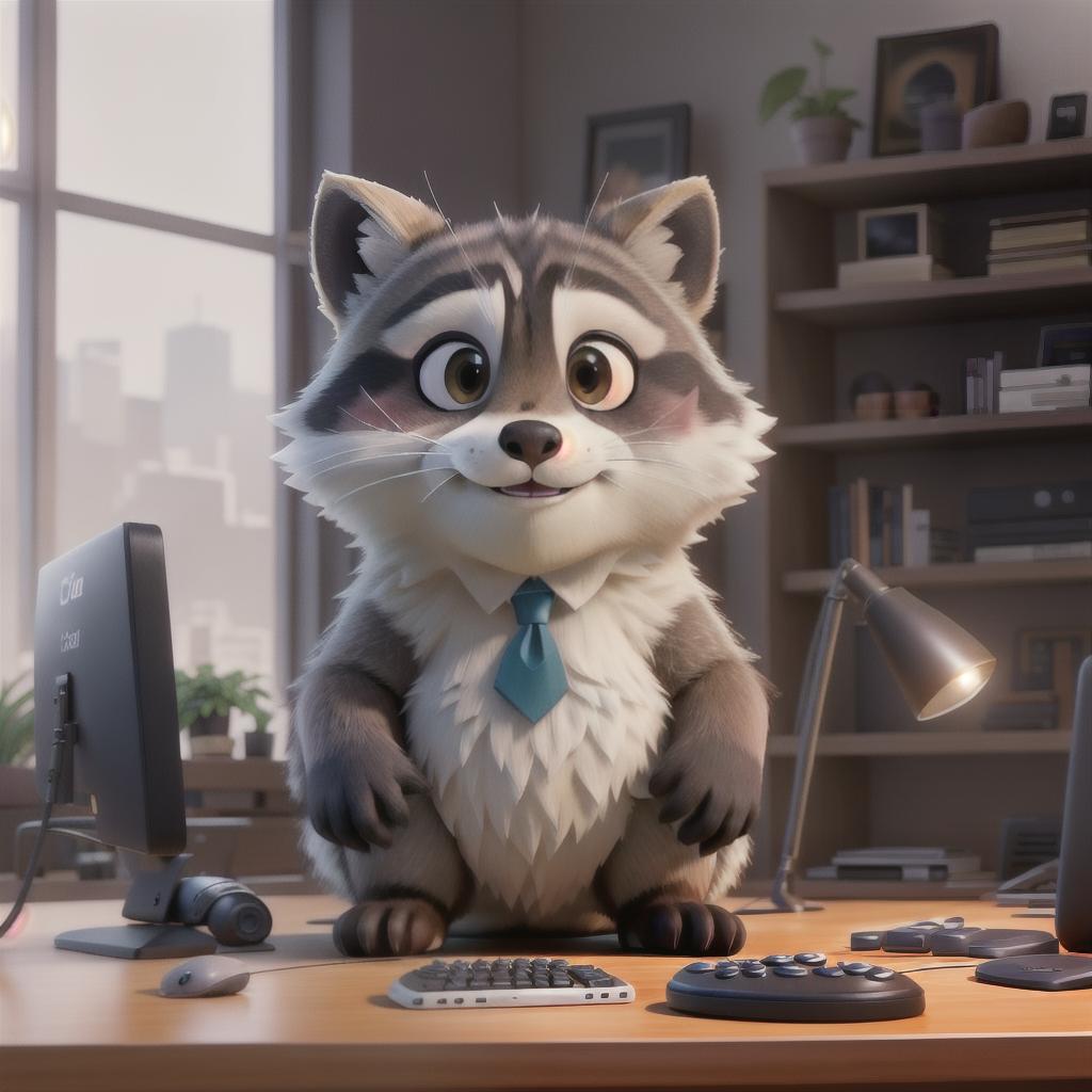  raccoon sitting in gaming chair front a computer on desktop, ((semi anthropomorphic)),(full body), tail, belly, sitting, fat, (chubby), (((white background))), solo, desktop, gaming chair, side view,  [[[clothes]]] hyperrealistic, full body, detailed clothing, highly detailed, cinematic lighting, stunningly beautiful, intricate, sharp focus, f/1. 8, 85mm, (centered image composition), (professionally color graded), ((bright soft diffused light)), volumetric fog, trending on instagram, trending on tumblr, HDR 4K, 8K