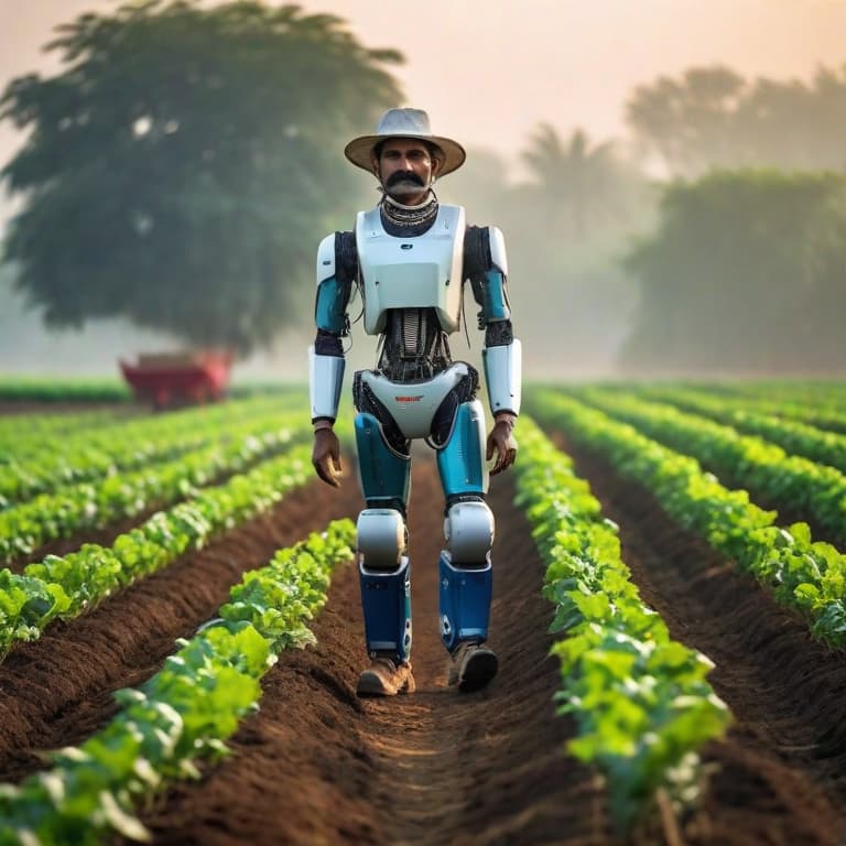  Indian farmer using robot assistant for farming hyperrealistic, full body, detailed clothing, highly detailed, cinematic lighting, stunningly beautiful, intricate, sharp focus, f\/1. 8, 85mm, (centered image composition), (professionally color graded), ((bright soft diffused light)), volumetric fog, trending on instagram, trending on tumblr, HDR 4K, 8K