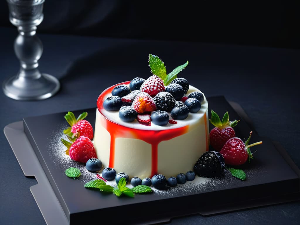  A visually stunning image of a creamy vegan panna cotta topped with vibrant mixed berries, set against a sleek, matte black backdrop. The dessert is elegantly garnished with delicate mint leaves, showcasing the smooth texture and luscious appeal of dairyfree indulgence. hyperrealistic, full body, detailed clothing, highly detailed, cinematic lighting, stunningly beautiful, intricate, sharp focus, f/1. 8, 85mm, (centered image composition), (professionally color graded), ((bright soft diffused light)), volumetric fog, trending on instagram, trending on tumblr, HDR 4K, 8K