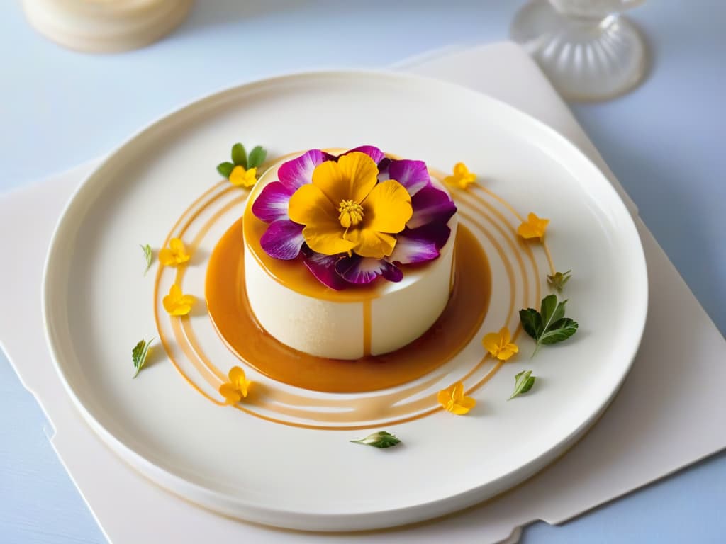  An ultradetailed image of a beautifully plated dessert featuring a modern twist on a traditional sweet treat. The dessert is elegantly decorated with intricate swirls of caramel, delicate edible flowers, and a dusting of gold leaf. The background is a simple white plate to enhance the vibrant colors of the dessert, showcasing the fusion of traditional flavors with a contemporary presentation. hyperrealistic, full body, detailed clothing, highly detailed, cinematic lighting, stunningly beautiful, intricate, sharp focus, f/1. 8, 85mm, (centered image composition), (professionally color graded), ((bright soft diffused light)), volumetric fog, trending on instagram, trending on tumblr, HDR 4K, 8K