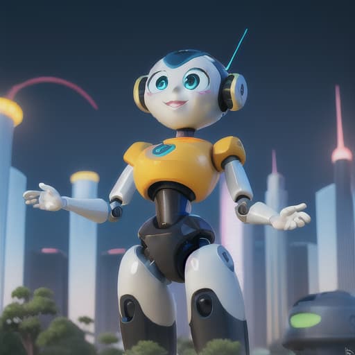  A cheerful robot with large, expressive eyes, waving hello amidst a futuristic city park, with Pixar's signature glossy finish and soft, ambient lighting , 8k