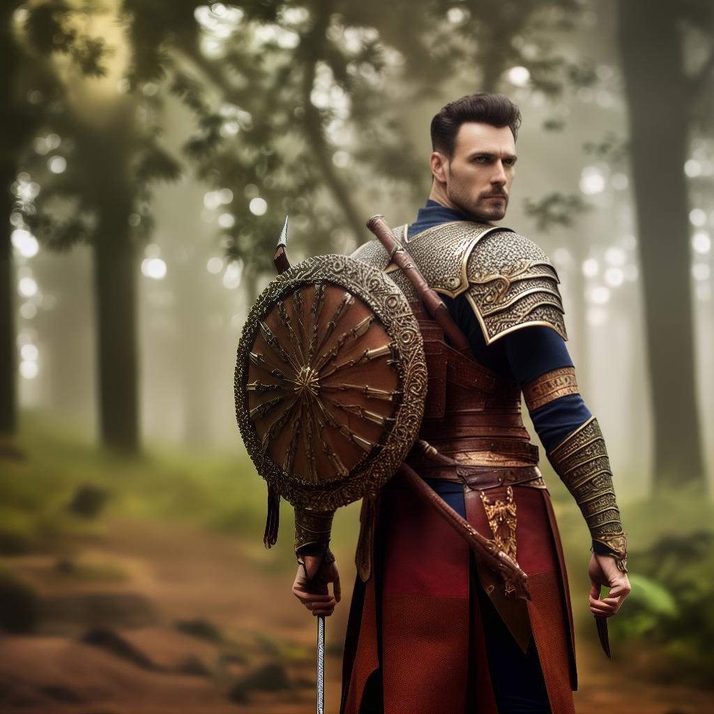  Disney style, A male young warrior hyperrealistic, full body, detailed clothing, highly detailed, cinematic lighting, stunningly beautiful, intricate, sharp focus, f/1. 8, 85mm, (centered image composition), (professionally color graded), ((bright soft diffused light)), volumetric fog, trending on instagram, trending on tumblr, HDR 4K, 8K