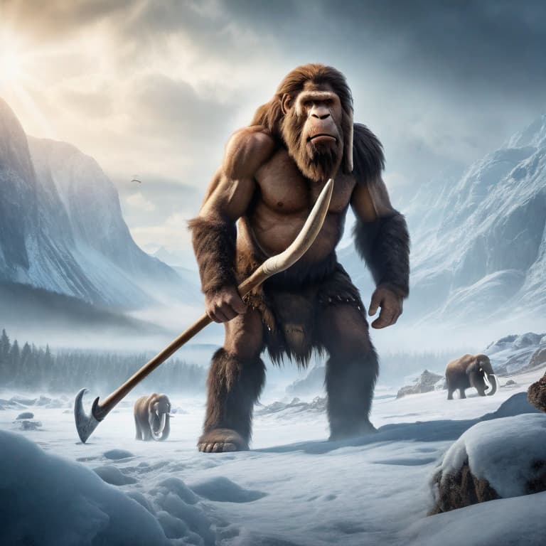  Neanderthal hunting mammoths in an ice age landscape hyperrealistic, full body, detailed clothing, highly detailed, cinematic lighting, stunningly beautiful, intricate, sharp focus, f/1. 8, 85mm, (centered image composition), (professionally color graded), ((bright soft diffused light)), volumetric fog, trending on instagram, trending on tumblr, HDR 4K, 8K